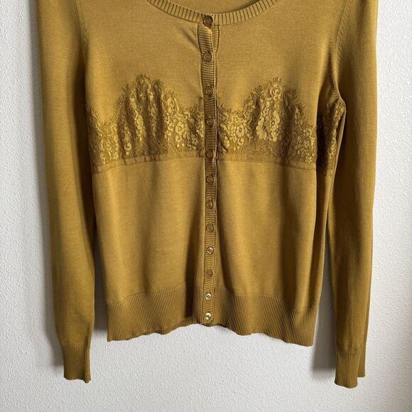 Vtg Y2K Moda International Sweater Womens Large Mustard Yellow Cardigan Lace 90s - Picture 3 of 14